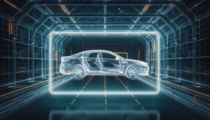 Automotive Innovation: An abstract visualization of an electric car inside a futuristic tunnel, representing innovation, and technological advancements.