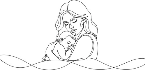 Continuous One Line Drawing of Mother Holding Newborn Baby in Minimalist Vector Style