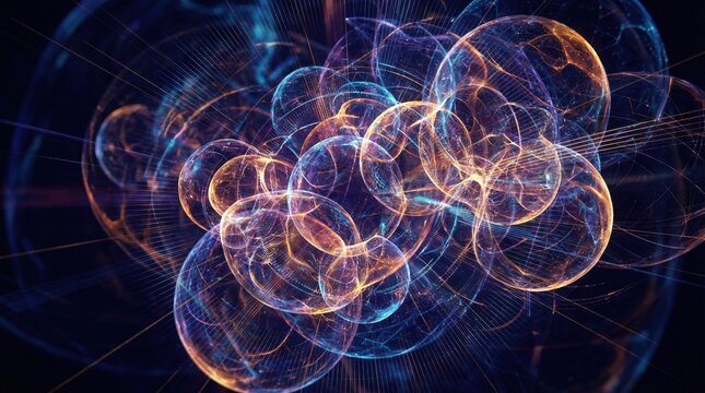 Abstract Interdimensional Bubbles: An ethereal composition of interconnected, luminous bubbles floating in the depths of space. This artwork evokes a sense of cosmic beauty and infinite possibilities.