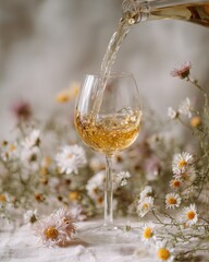 Elegant Pour of Golden Wine into Glass, Surrounded by Delicate Flowers, Soft Light.