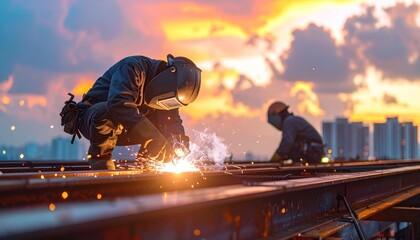 Welding workers on construction site