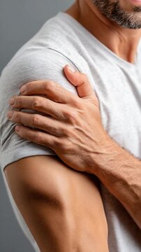 Shoulder Discomfort: A person, captured in a moment of pain, grips their shoulder, revealing an expression of discomfort and strain. The scene conveys a sense of vulnerability and physical stress.