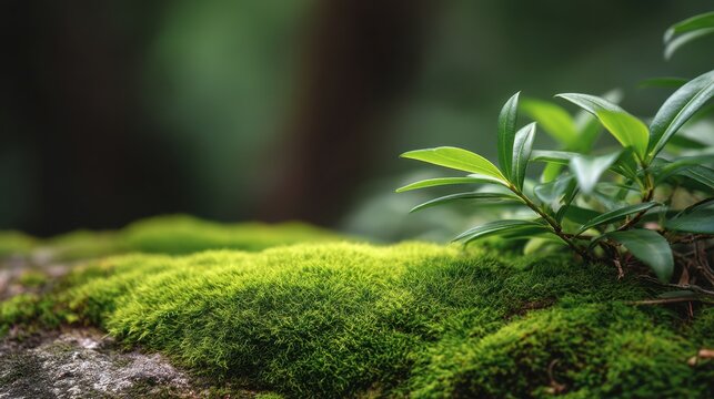Lush green moss covering a stone surface in a serene forest environment with soft natural light filtering through the trees, creating a tranquil atmosphere