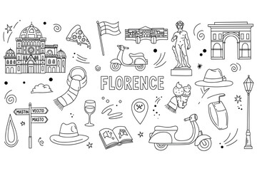 Obraz premium Florence icons: famous landmarks, vespa, statue, pizza, and italian culture illustrations
