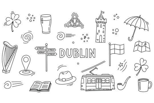 Dublin symbols: shamrock, pint, trinity knot, harp, flag, tram, hat, castle, map