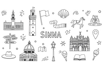 Obraz premium Italy travel doodles: siena landmarks and cultural symbols in black and white