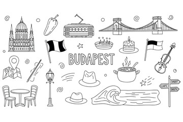 Naklejka premium Budapest landmarks and cultural icons in black and white line art