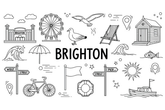 Brighton icons: ferris wheel, deck chair, beach hut, pier, seagull, waves, bicycle, street signs, lifebuoy, boat, sun