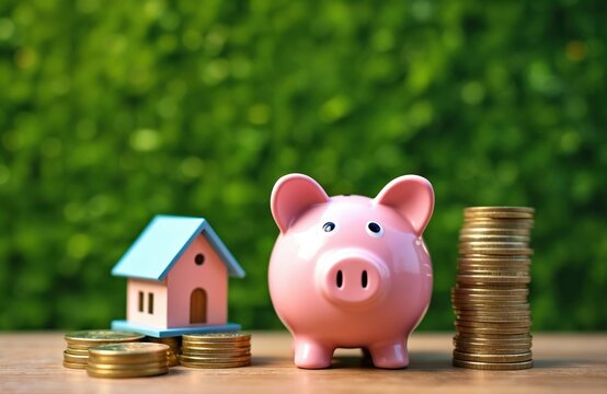 Toy house is next to piggy bank and stacks of coins. Concept of home savings plan. Pink piggybank and real estate house miniature models with money for finance. - Powered by Adobe