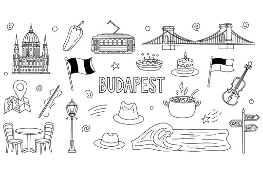 Budapest landmarks and cultural icons in black and white line art