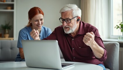Elderly man joyfully celebrates success watching laptop with physical therapist. Online exercises together at home, following video guide for fitness. Senior man smiles, raises fists in air. Woman in
