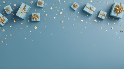 Sleek blue background with scattered golden stars and gift boxes.