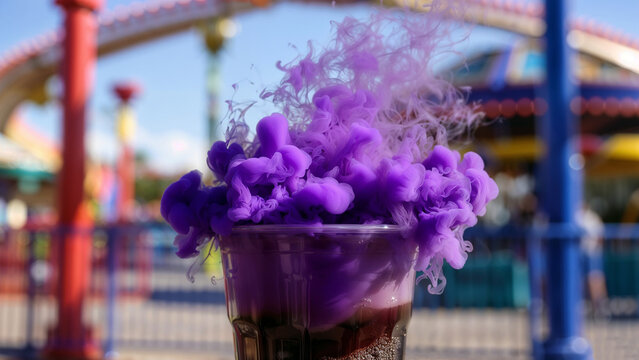 Fun Purple Smoking Drink with Dry Ice Effect in Plastic Cup at Amusement Park or Carnival
