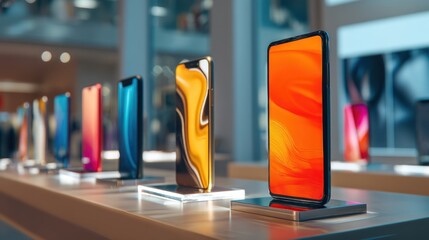 A variety of smartphones in different colors are neatly arranged on a display table in an electronic store. Customers can be seen browsing enjoying the bright and inviting atmosphere.