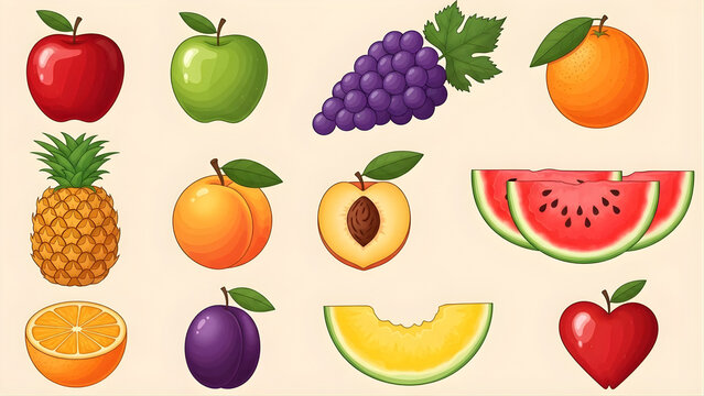 A diverse collection of brightly colored cartoon fruits, including apples, grapes, oranges, pineapple, peaches, plums, watermelon, and melon, are playfully arranged on a light background.
