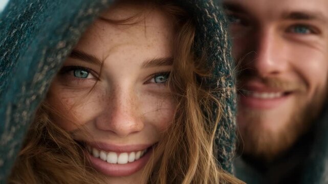 Beautiful woman with blue eyes smiles, with a man in the background, close up portrait