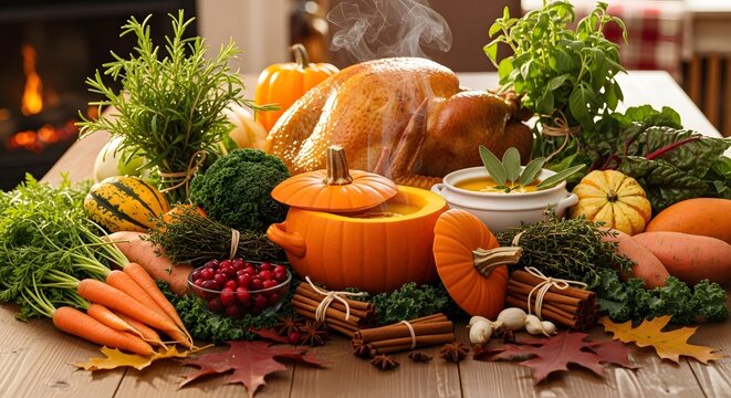 Abundant thanksgiving feast with roasted turkey and fresh autumn vegetables