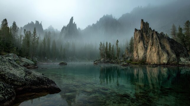 Ethereal Mist Descends on a Secluded Mountain Lake with Dramatic Rocks.