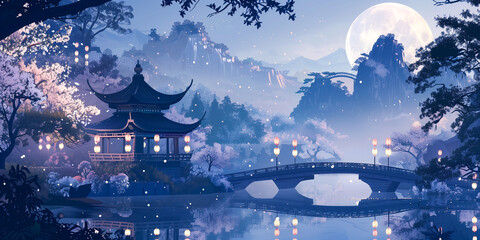 Serene japanese pagoda and bridge under full moon and snowfall