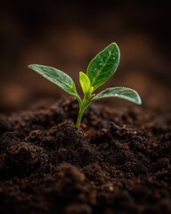 Emerging Seedling - Vibrant Green Leaves Sprout from Rich, Dark Soil in Soft Light.
