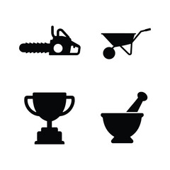 Four black silhouette icons of a chainsaw wheelbarrow trophy and mortar pestle vector
