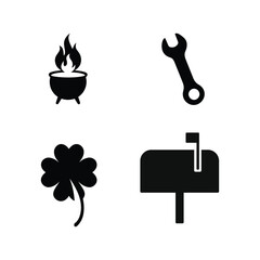 Four black silhouette icons of a cauldron a wrench a four-leaf clover and a mailbox