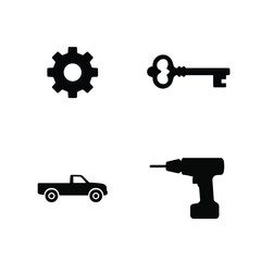 Four black silhouette icons of a gear a skeleton key a pickup truck and a power drill Keywords: gear, cogwheel