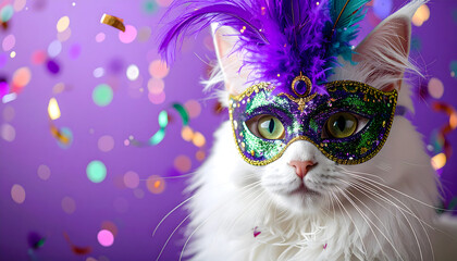 cute white cat in festive mask with feathers