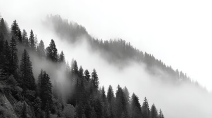 Fototapeta premium Misty Forest Landscape with Dense Pine Trees and Mysterious Fog Covering Mountain Slopes in Black and White Aesthetic