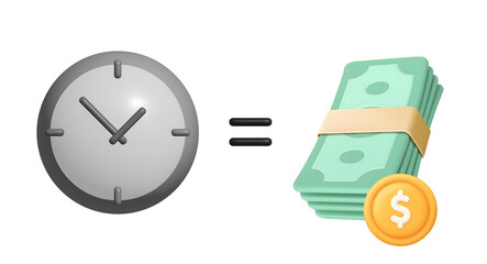 3D Illustration of Time is Money Featuring a Clock and Stack of Money. Great for Business, Finance and Productivity-Related Content.