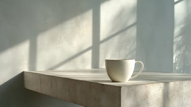 Minimalist Morning Ritual: A serene, sunlit scene showcases a pristine ceramic mug, casting soft shadows against a textured backdrop. Evokes calm and contemplation. - Powered by Adobe