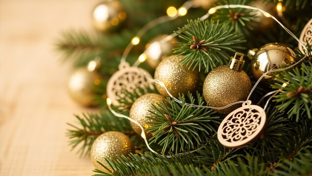 Golden Christmas ornaments and fairy lights on a fir tree branch. Festive holiday background with winter decorations and copy space