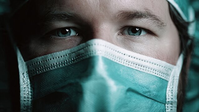 Hopeful Gaze: A close-up portrait of a healthcare professional in surgical mask and scrubs, conveying expertise and compassion through eyes. 