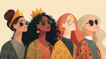A diverse group of four women showcases their unique styles with sunglasses and crowns highlighting beauty and self expression. They exude confidence against a vibrant background.
