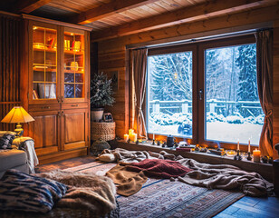 Cozy wooden cabin interior with candles and snowy winter view through window