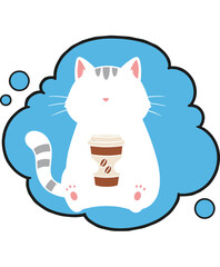 Cute White Cat Holding Coffee Cup in Blue Cloud Bubble Vector Illustration for Morning Drink Concept