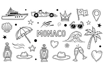 Obraz premium Monaco icons: yachts, formula 1, palm trees, landmarks, and lifestyle elements in black and white