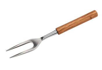 Isolated two-pronged carving fork with wooden handle for kitchen use