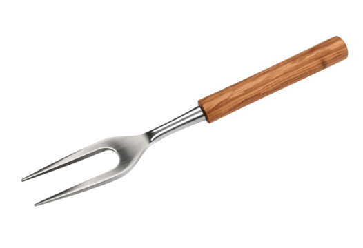 Isolated two-pronged carving fork with wooden handle for kitchen use