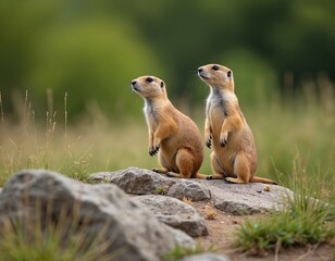 Two prairie dogs stand alert on rocks in grassy field. Small mammals observe surroundings, alert for danger. Wild rodents native to North America forage in habitat.