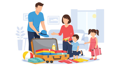 Family packing suitcases and preparing for a summer vacation together. Ideal for travel content, family lifestyle, holiday planning, and joyful seasonal illustrations