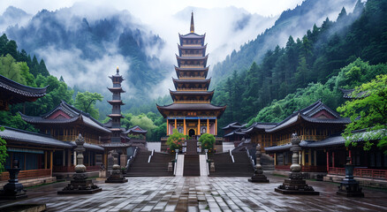 Obraz premium Ancient chinese temple complex nestled in misty, forested mountains