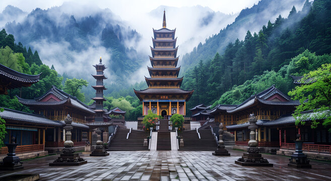 Ancient chinese temple complex nestled in misty, forested mountains