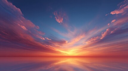 Fototapeta premium Breathtaking Sunset Over Calm Water with Vibrant Clouds and Reflective Surface Captured in Stunning Colors of Blue, Pink, and Orange at Dusk