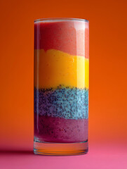 Colorful multi-layered fruit and berry smoothie in a glass on bright red background