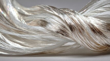Detailed close-up of silver hair strands, highlighting their glossy texture and natural flow, creating an elegant and beautiful visual with copy space