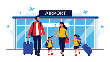 Family walking with passports and luggage toward an airport terminal for their summer holiday. Ideal for travel, tourism, and family vacation themes