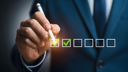 Businessman completing checklist with digital pen isolated on transparent background