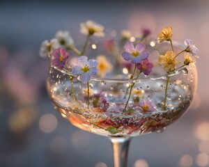Ethereal Wildflower Cocktail in a Coupe Glass with Twinkling Bokeh Lights.
