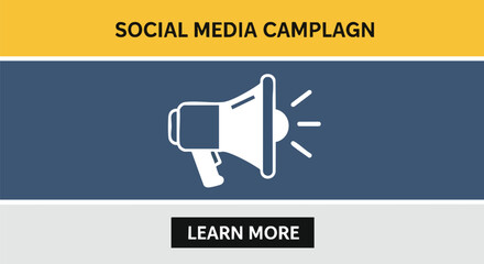 A vector illustration depicts a social media campaign concept with a megaphone icon, suggesting promotion and advertising, perfect for marketing materials and online content.
